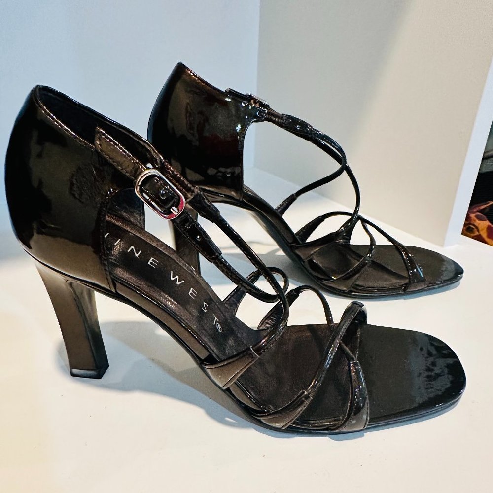 Nine West Chocolate Brown Patent Leather Strappy Sandals, Size 6.5